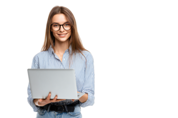 Smiling young woman in glasses holding laptop, casual business style, isolated on white background