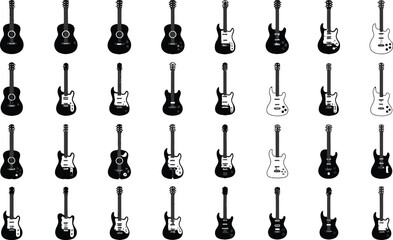 Collection of diverse electric and acoustic guitars displayed in a grid, showcasing musical instruments.