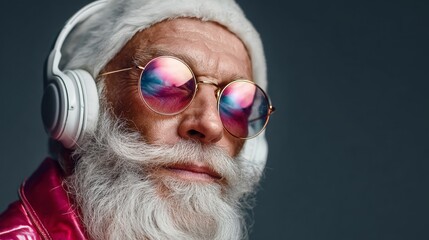 Man with a beard and glasses is wearing headphones and sunglasses. He is looking at the camera