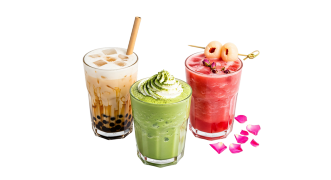 Three glasses of different drinks isolated on transparent background