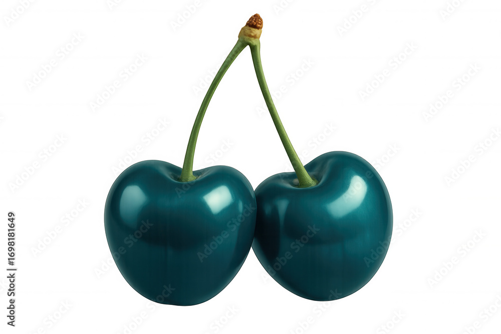 Poster close-up of two shiny, teal cherries with green stems, isolated on a transparent background, creatin