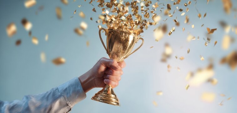The Trophy Held High Amid Bursting Gold Confetti Celebrating Victory and Achievement