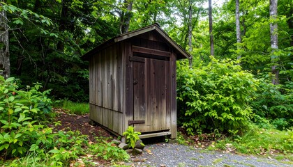 Rustic wooden shed in a lush forest (1)