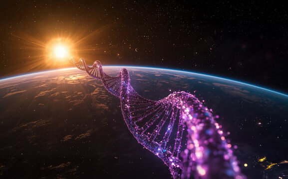 Futuristic DNA helix above Earth in outer space with glowing lights - Powered by Adobe