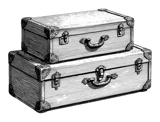 Stacked vintage suitcases woodcut illustration in black and white