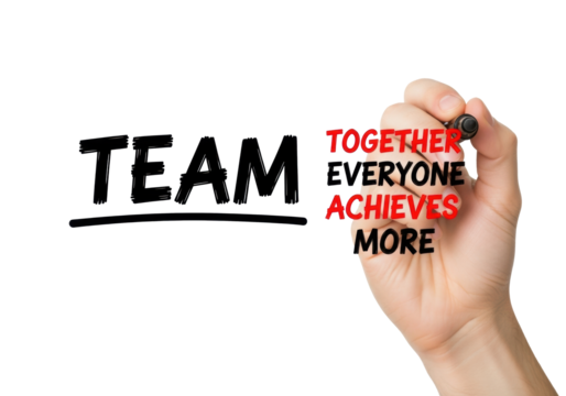 Fair-skinned hand holding black marker, writing 'TEAM' (underlined) & 'TOGETHER EVERYONE ACHIEVES MORE' on transparent background, concept of strategic business teamwork.