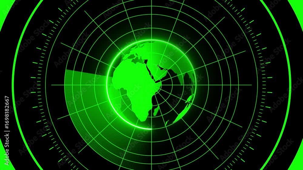 Poster global radar screen displaying earth continents. radar and world map concept. global tracking, digit