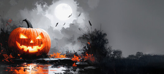 Illustration halloween Citrouille enflammée au cimetière