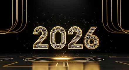Gleaming Gold 2026 Celebration with Festive Confetti and Glowing Lights on a Dark Background