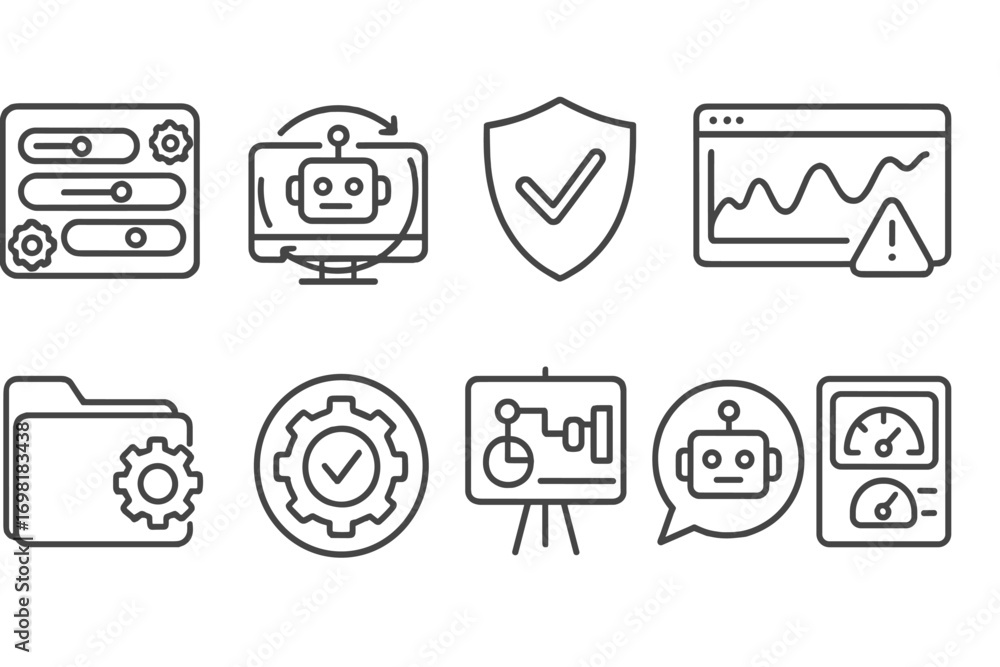 Poster cybersecurity and data protection linear icon set. security, shield, ai icons collection