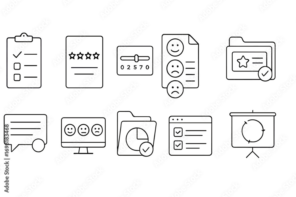 Poster business and productivity line icon set: essential tools for streamlined operations