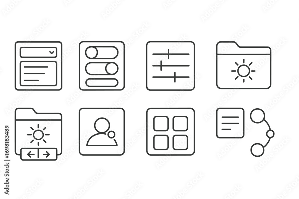 Aufkleber settings and interface line icon set. ui, ux, gears, tools, web icons in linear style