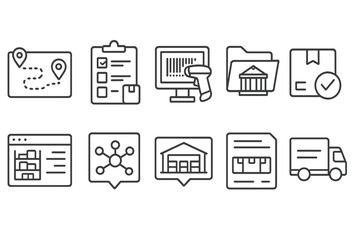 Warehouse, shipping line icon set. inventory, logistics outline collection