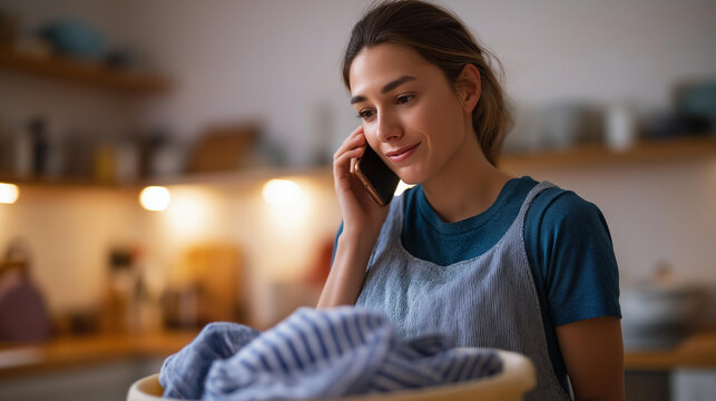Woman balancing a basin of laundry speaking on a smartphone her kitchen warm and cluttered multitasking in action household multitasking kitchen chores modern living busy
