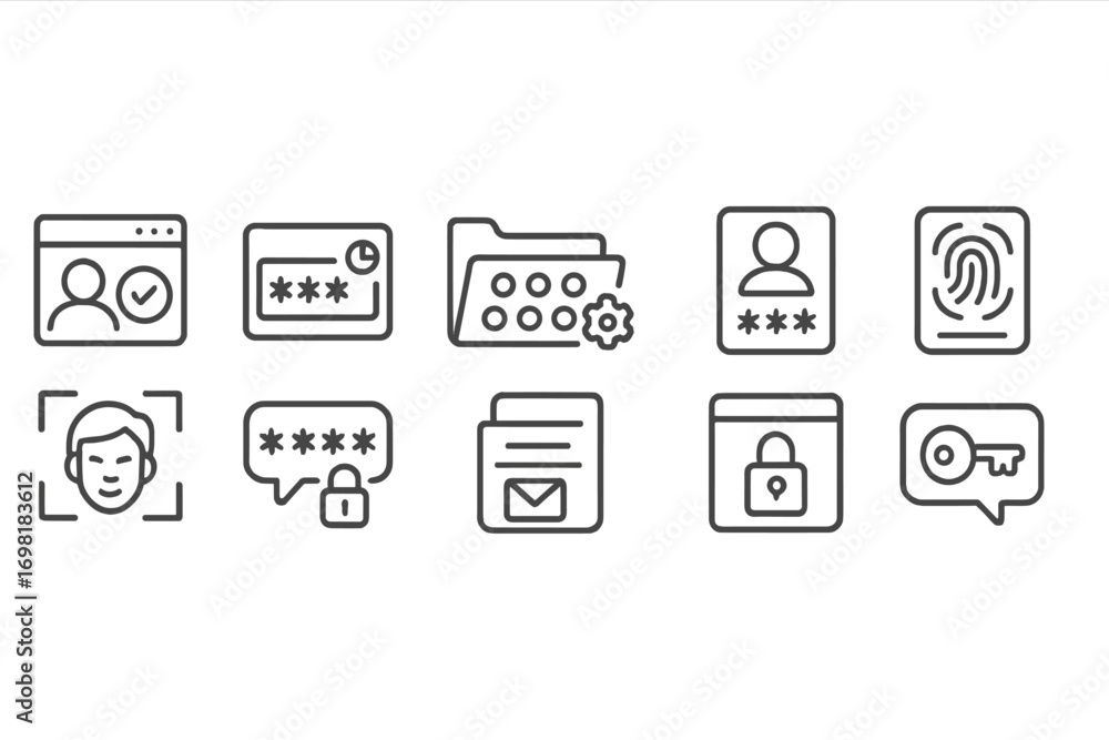Poster authentication, security line icon set. identity, privacy, access control icons collection