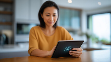 Tablet showing a lock icon on a kitchen counter a woman organizing nearby her home modern and sunlit smart home security digital lock interface modern kitchen home automation