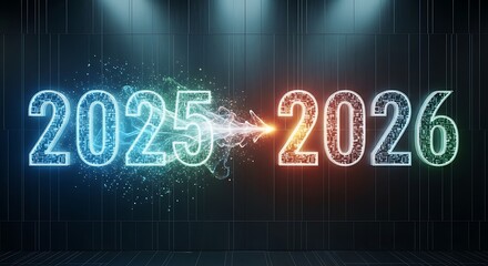 Obraz premium Transition from 2025 to 2026 illuminated by vibrant glowing digital light and smoke effect