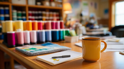 Workshop table brimming with tufting machines colorful rugs yarn skeins a sketchbook and a coffee mug textile art on the walls textile workshop setup creative crafting hand