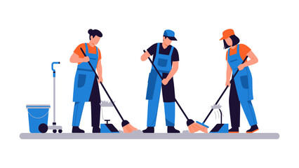 Cleaning Crew in Action: A dynamic trio of dedicated individuals, donning aprons and wielding mops, meticulously tend to their environment, symbolizing professionalism and hygiene.