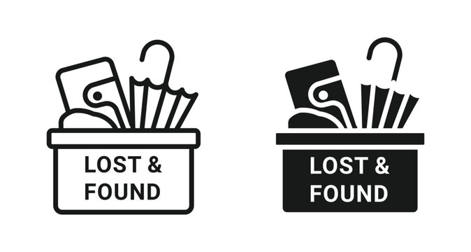 Lost and found box with umbrella and items icon set. 