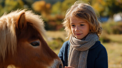 Fototapeta premium Caucasian child gently brushing a pony’s mane in a golden autumn meadow wearing a cozy scarf sunlight casting soft shadows child pony grooming autumn animal bonding gentle int