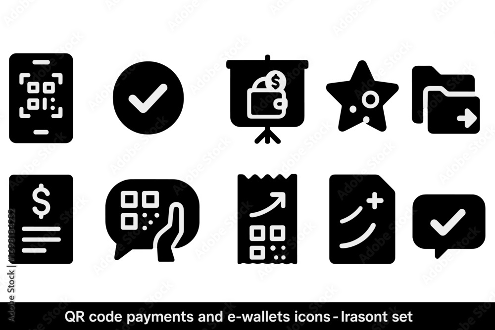 Poster qr payments and e-wallet icon set. flat style collection for digital transactions