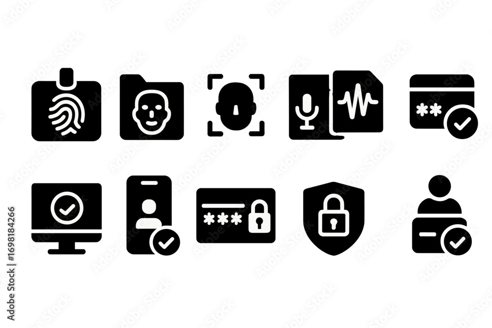Poster security, privacy solid icon set. authentication, data protection icons collection