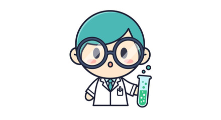 Charming cartoon scientist character with glasses and a lab coat, holding a test tube filled with a bright green liquid, ready for exciting experiments and new discoveries