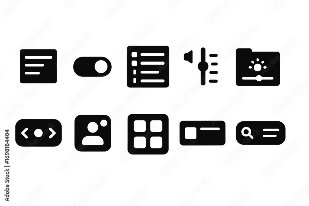 Poster web ui silhouette icon set. interface, menu, multimedia elements in silhouette style