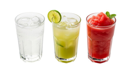 Three refreshing drinks isolated on transparent background for summer