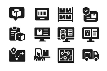 Logistics and shipment silhouette icon set. delivery, trucking graphics silhouette collection