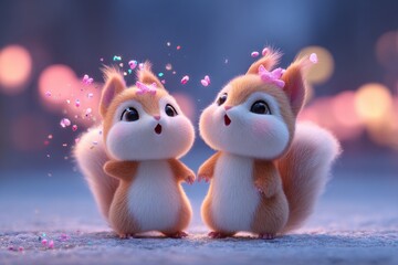 Two Adorable Squirrels Surrounded By Sparkling Petals In A Dreamy Forest Setting