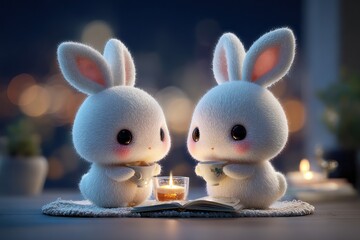 Two Adorable White Bunnies Sitting Together on a Cozy Rug with Candlelight in a Dimly Lit Room