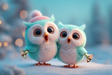 Two Adorable Winter Owls Singing Joyfully In A Snowy Landscape With Soft Blue Background