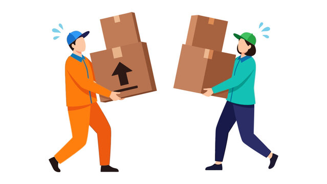 Delivery Duo: Two delivery workers, each burdened with packages, navigating the complexities of their daily tasks. Emphasizing the teamwork and service they provide.