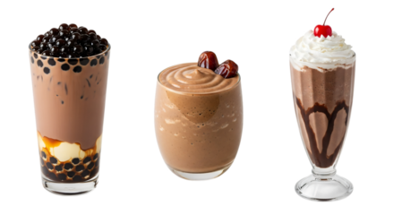 Three chocolate drinks isolated on transparent background, boba, smoothie, shake
