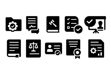 Legal documents solid icon set. Contract, certificate, law book, justice scale, approval icons. Vector icons.