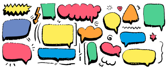 Speech Balloon Crayons. Hand Drawn Bubbles, Heart, Cloud, Splash Textured Elements. Text Frame Box Drawn by Crayon. Chalk Dialog Vector Illustration. Abstract Business Media Concept. Chalkboard Set.