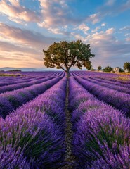 Obraz premium Lavender field at sunrise with lone tree