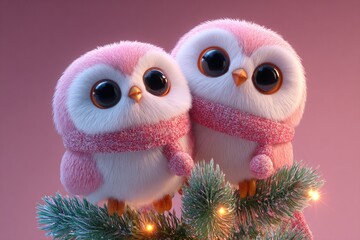 Two Cozy Plush Owls with Large Eyes and Pink Scarves on a Pine Tree with Background Lighting