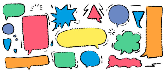 Speech Balloon Crayons. Hand Drawn Bubbles, Heart, Cloud, Splash Textured Elements. Text Frame Box Drawn by Crayon. Chalk Dialog Vector Illustration. Abstract Business Media Concept. Chalkboard Set.