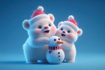 Two Fluffy Polar Bear Cubs Wearing Holiday Hats Playing With a Snowman On A Soft Blue Background