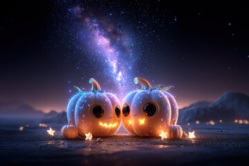 Two Delightful Pumpkins With Sparkling Eyes Underneath A Starry Night Sky