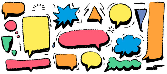 Speech Balloon Crayons. Hand Drawn Bubbles, Heart, Cloud, Splash Textured Elements. Text Frame Box Drawn by Crayon. Chalk Dialog Vector Illustration. Abstract Business Media Concept. Chalkboard Set.