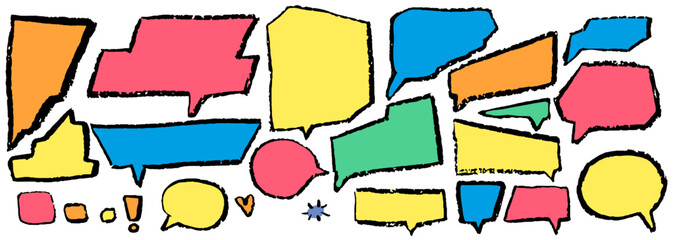 Speech Balloon Crayons. Hand Drawn Bubbles, Heart, Cloud, Splash Textured Elements. Text Frame Box Drawn by Crayon. Chalk Dialog Vector Illustration. Abstract Business Media Concept. Chalkboard Set.
