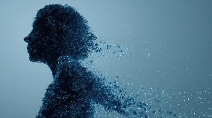 Silhouette of a woman dissolving into particles