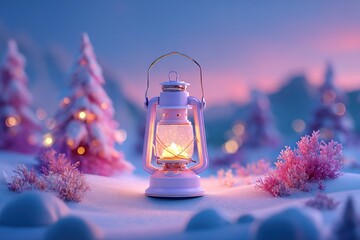 Warm Light Glowing in Snowy Landscape with Pink and Purple Sky at Dusk