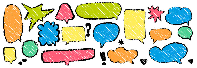 Speech Balloon Crayons. Hand Drawn Bubbles, Heart, Cloud, Splash Textured Elements. Text Frame Box Drawn by Crayon. Chalk Dialog Vector Illustration. Abstract Business Media Concept. Chalkboard Set.