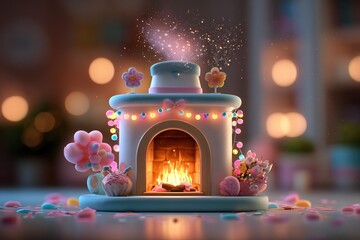 Whimsical Cake Design with Miniature Fireplace and Colorful Decorations