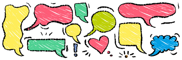 Speech Balloon Crayons. Hand Drawn Bubbles, Heart, Cloud, Splash Textured Elements. Text Frame Box Drawn by Crayon. Chalk Dialog Vector Illustration. Abstract Business Media Concept. Chalkboard Set.